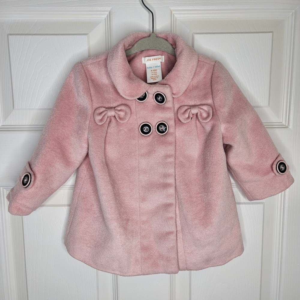 Joe Fresh Baby Girl Pink Wool Blend Pea Coat Bow Accents Cozy Size 6-12M